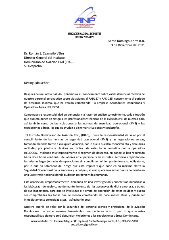 Comunicado de denuncia de la Asociación Nacional de Pilotos. 