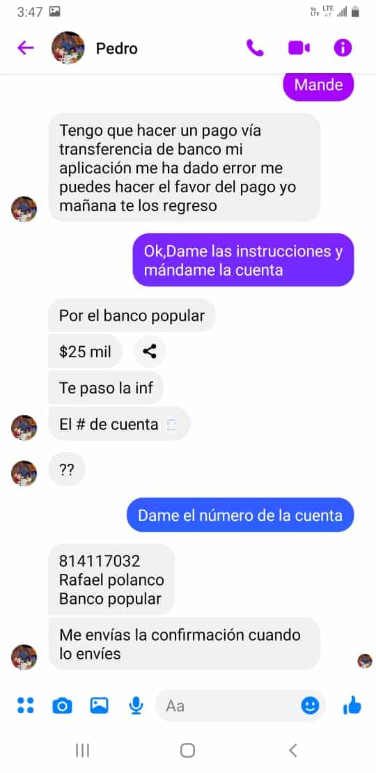 El presunto estafador envía los datos de la cuenta donde debe transferir.