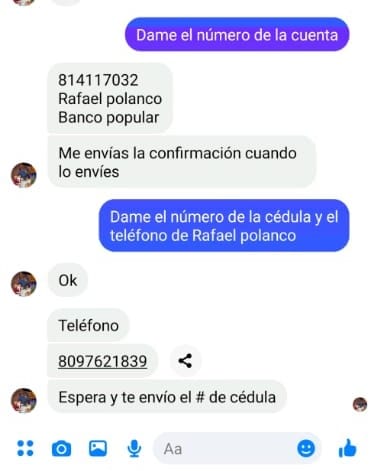 El presunto estafador envía un número telefónico.
