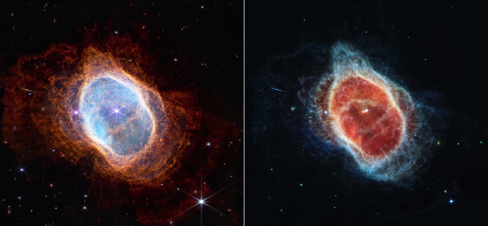 Esta comparación lado a lado muestra las observaciones de la Nebulosa del Anillo Sur en luz infrarroja cercana, a la izquierda, y en luz infrarroja media, a la derecha, del Telescopio Webb de la NASA.Esta escena fue creada por una estrella enana blanca: los restos de una estrella como nuestro Sol después de que se despojó de sus capas externas y dejó de quemar combustible a través de la fusión nuclear. Esas capas exteriores ahora forman los proyectiles expulsados  a lo largo de esta vista.