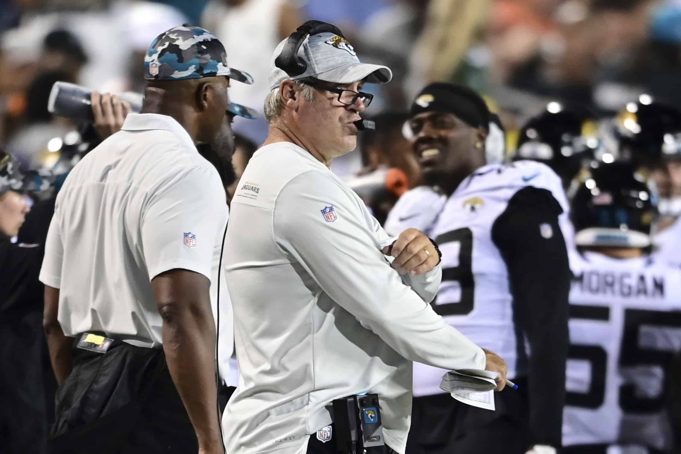 Jacksonville Jaguars coach Doug Pederson, center, watches from the sideline during the first half of the team's NFL football exhibition Hall of Fame Game against the Las Vegas Raiders, Thursday, Aug. 4, 2022, in Canton, Ohio.&nbsp;