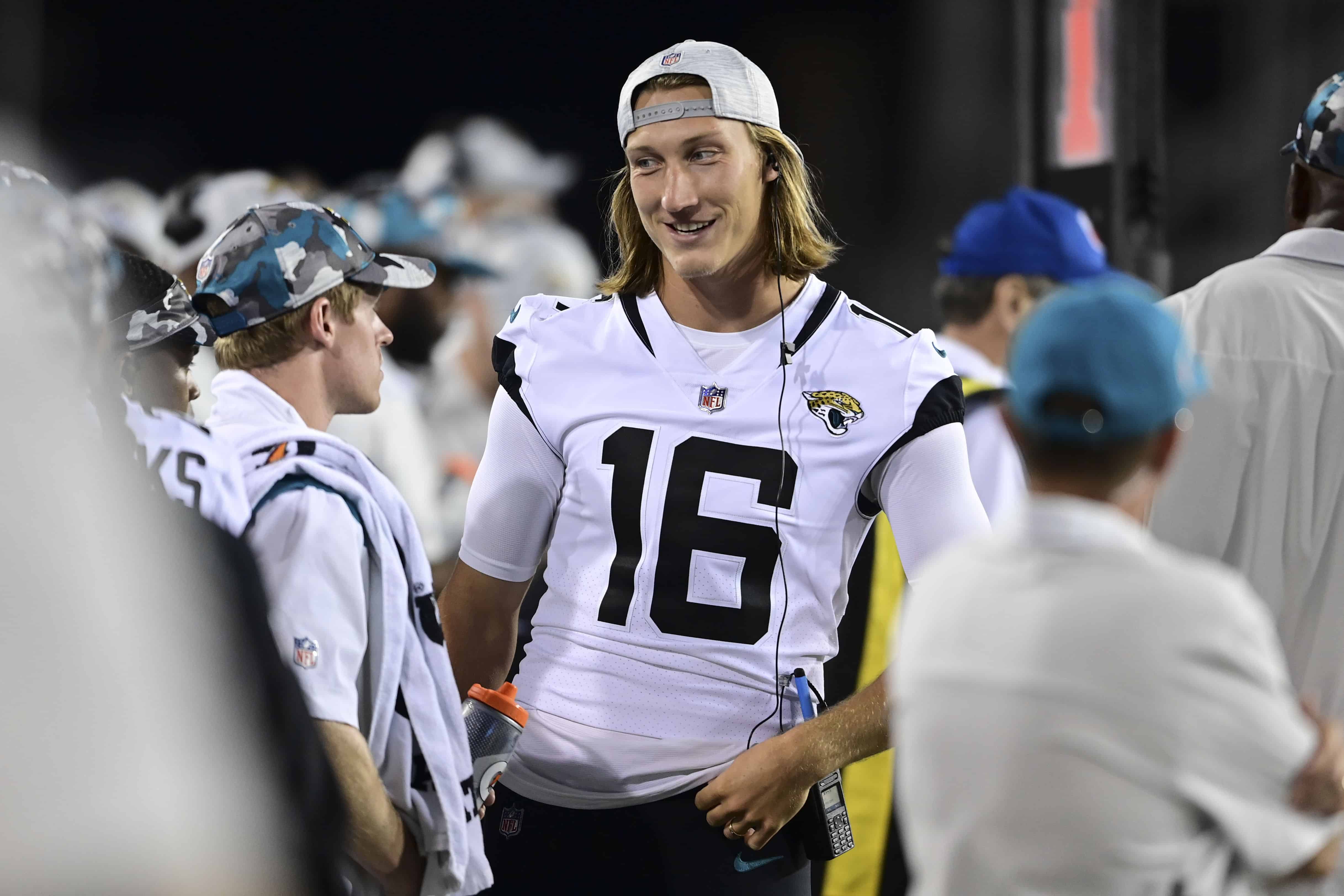 Jacksonville Jaguars quarterback Trevor Lawrence (16) stands on the sideline during the second half of the team'a NFL football exhibition Hall of Fame Game against the Las Vegas Raiders on Thursday, Aug. 4, 2022, in Canton, Ohio.&nbsp;