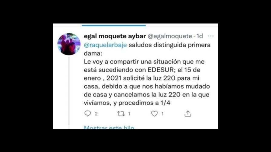 Resuelven servicio eléctrico a usuario de Twitter que envió mensaje a la primera dama