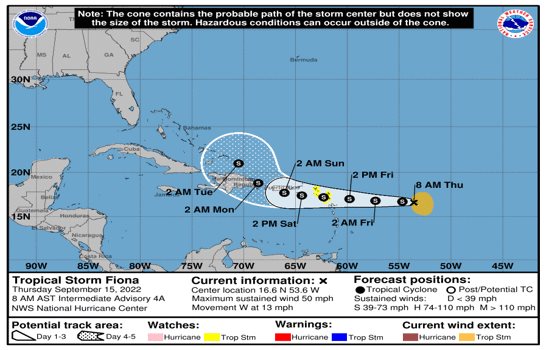 Lluvias de tormenta tropical Fiona llegarán al este de República Dominicana el domingo