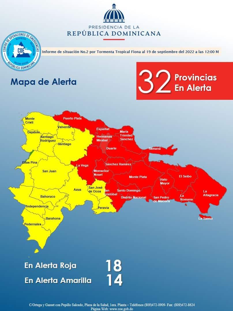 Centro de Operaciones de Emergencias aumenta a 18 las provincias en alerta roja por Fiona