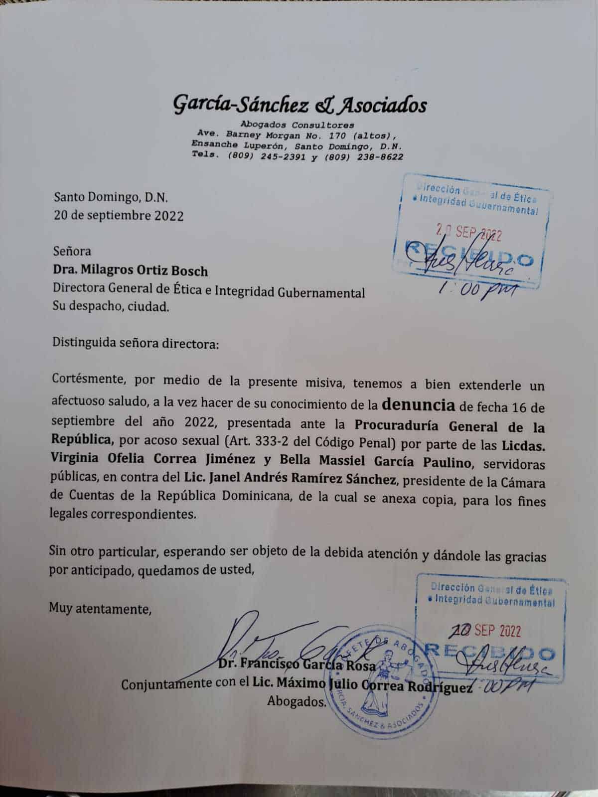 Carta enviada por los abogados de Virginia Ofelia Correa Jiménez y Bella Massiel García Paulino.
