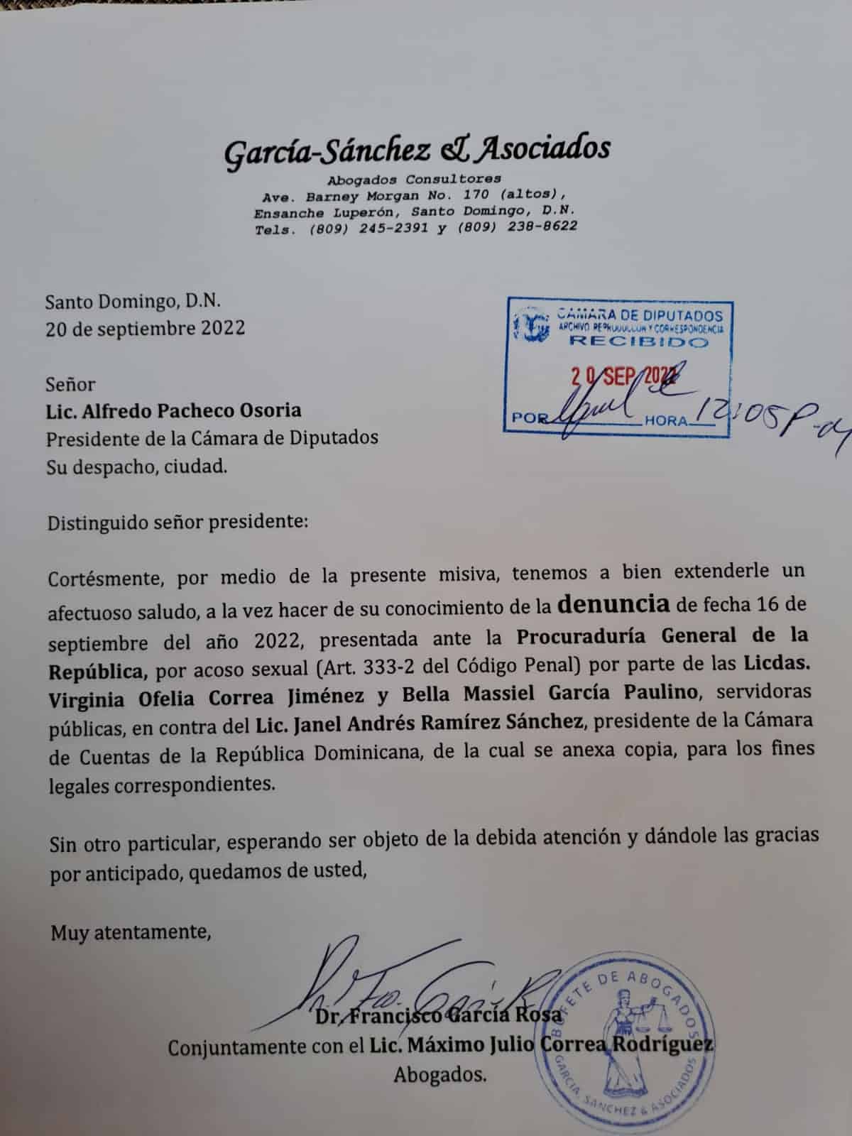 Carta enviada por los abogados de Virginia Ofelia Correa Jiménez y Bella Massiel García Paulino.