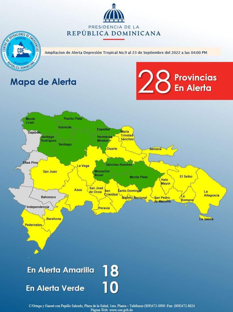 COE pone en alerta amarilla a 18 provincias y 10 en verde por depresión tropical