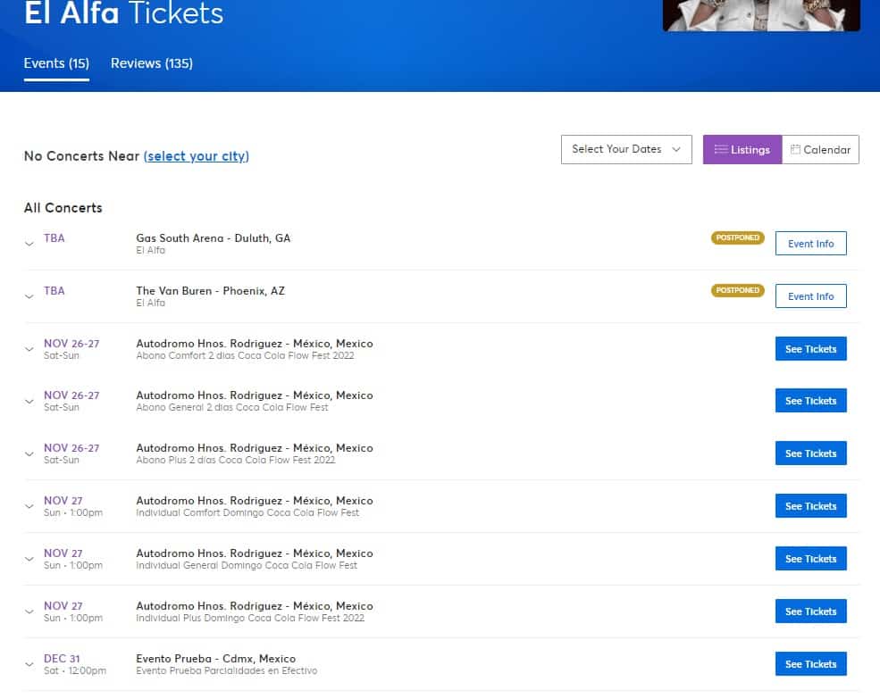 Estado de los conciertos de El Alfa en la plataforma Ticketmaster.