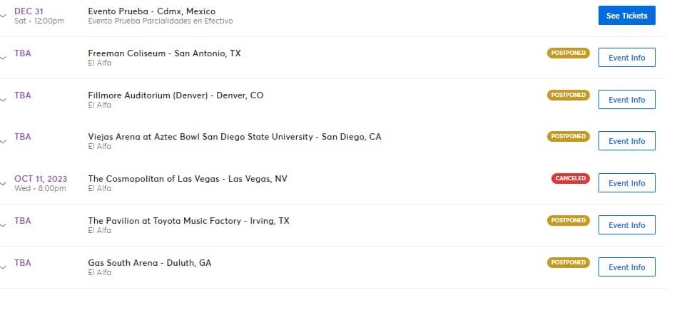 Los conciertos pospuestos de El Alfa, según Ticketmaster.com.