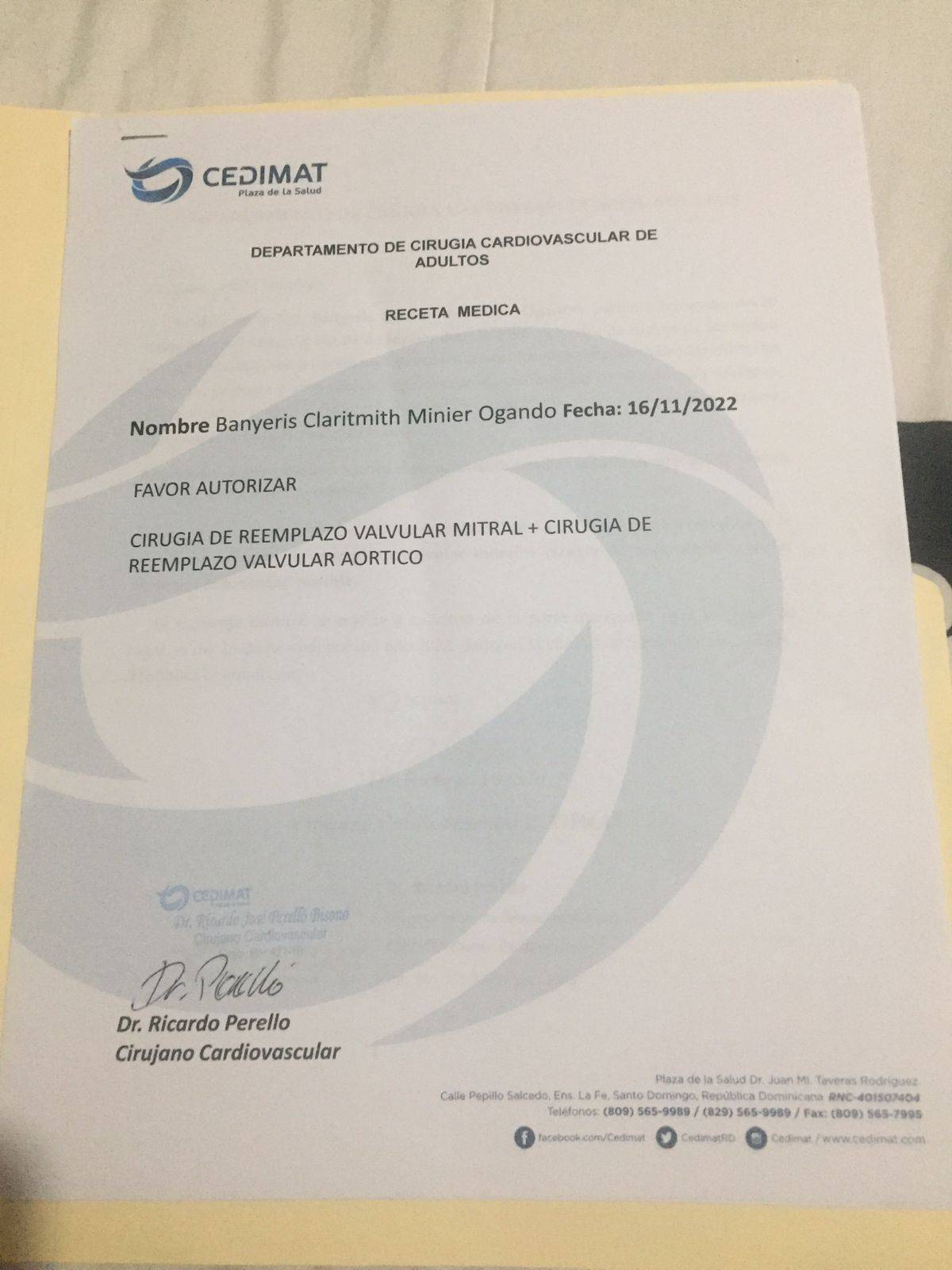 Indicación del procedimiento cardiovascular.