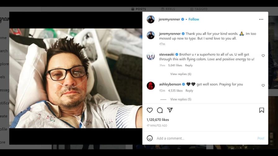 Actor Jeremy Renner compartió foto desde cama de hospital