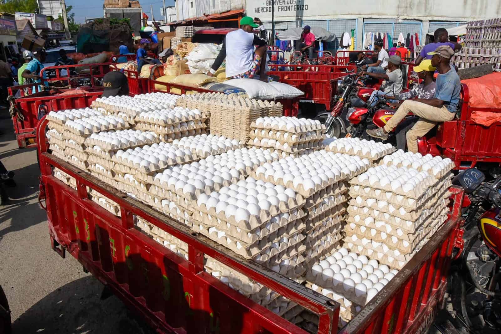 Haitianos transportan los huevos comprados en el mercado binacional de Dajabón, el 6 de enero de 2023.