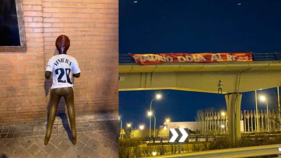 Cuelgan muñeco de Vinicius Junior en puente previo a derbi Cuelgan muñeco de Vinicius Junior en puente previo a derbi