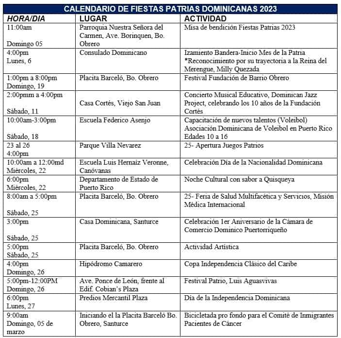 El calendario de las actividades por el Mes de la Patria de RD en Puerto Rico.