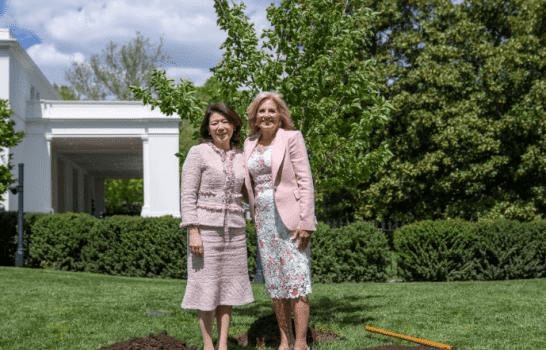 La primera dama de Japón visita la Casa Blanca y planta un cerezo junto a Jill Biden