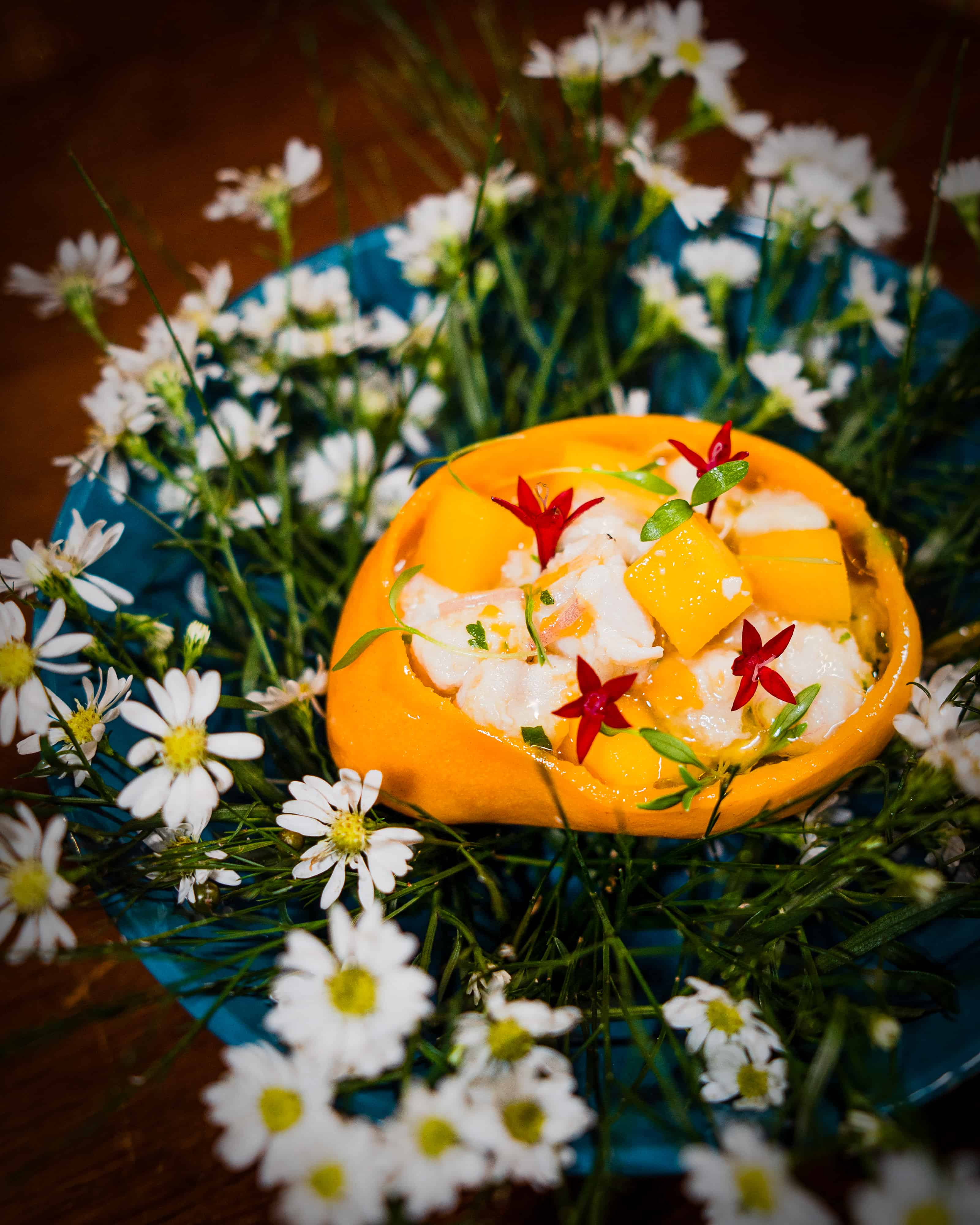 Fresco de Guatapaná con mango banilejo y jengibre macerado en ron, de chef Tita.