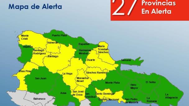 Trece provincias en alerta amarilla por lluvias y otras 14 en alerta verde