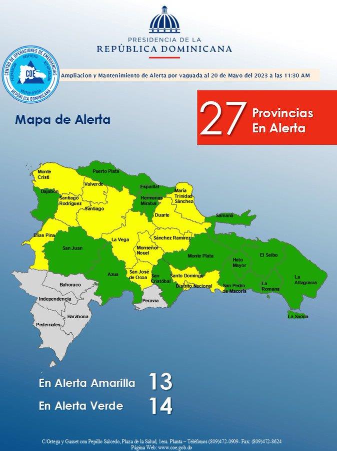 Trece provincias en alerta amarilla por lluvias y otras 14 en alerta verde