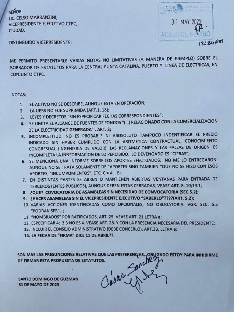Carta enviada por César Sánchez a Celso Marranzini.