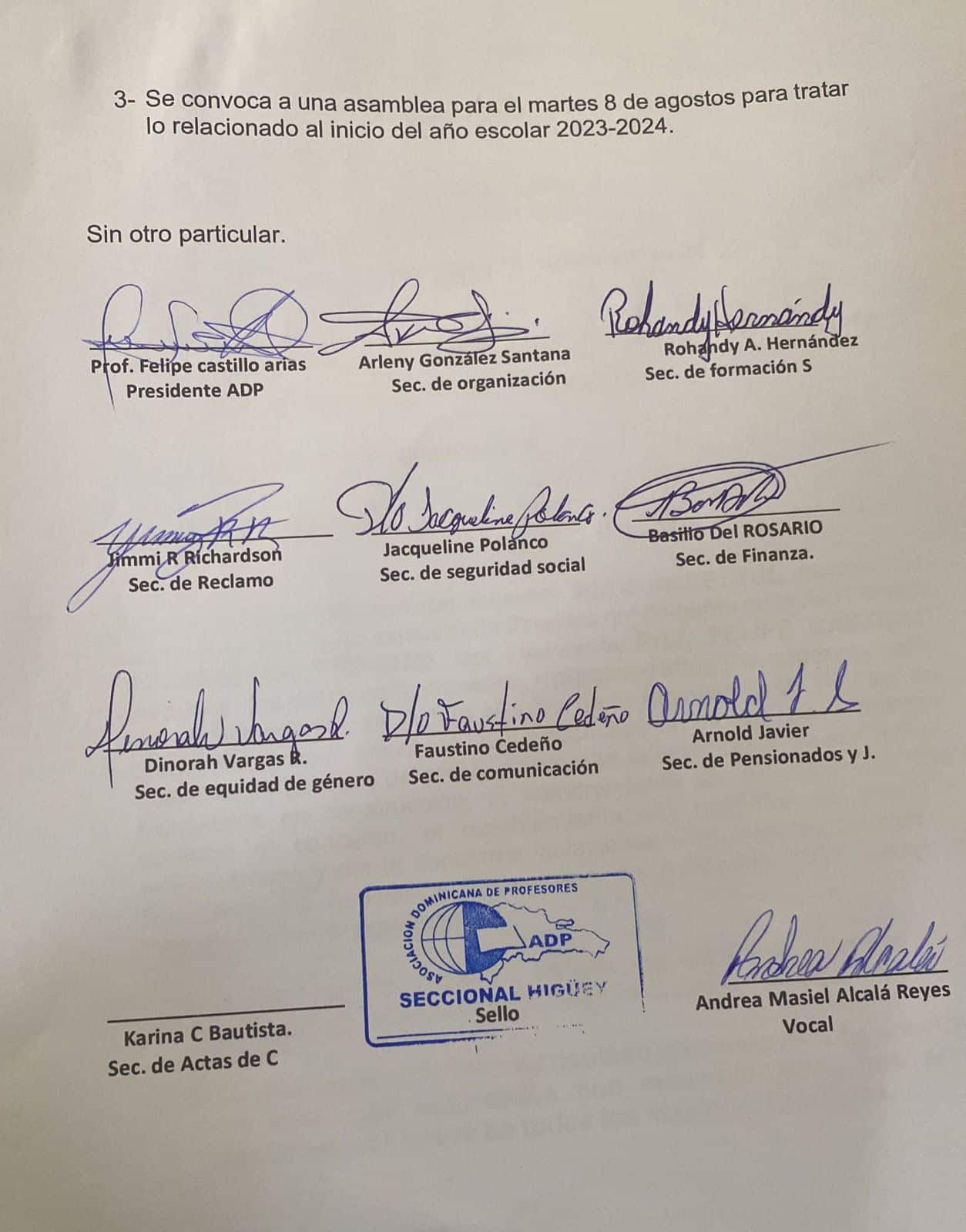 El comunicado fue dirigido a las autoridades del Distrito 12-01 y de la regional 12 de Higüey.