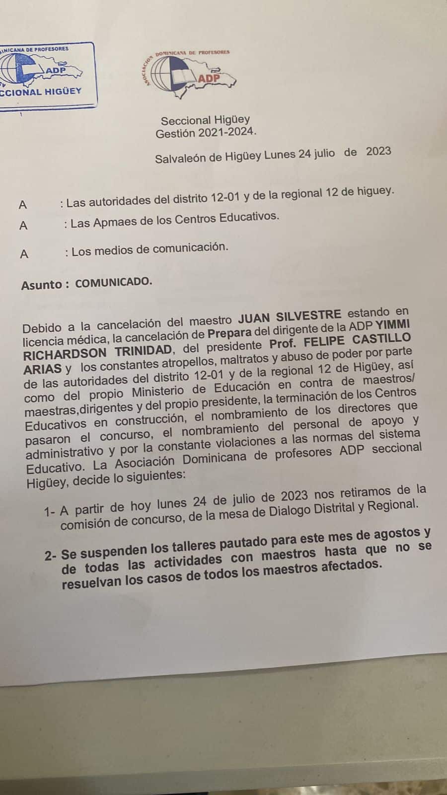 El comunicado fue dirigido a las autoridades del Distrito 12-01 y de la regional 12 de Higüey.