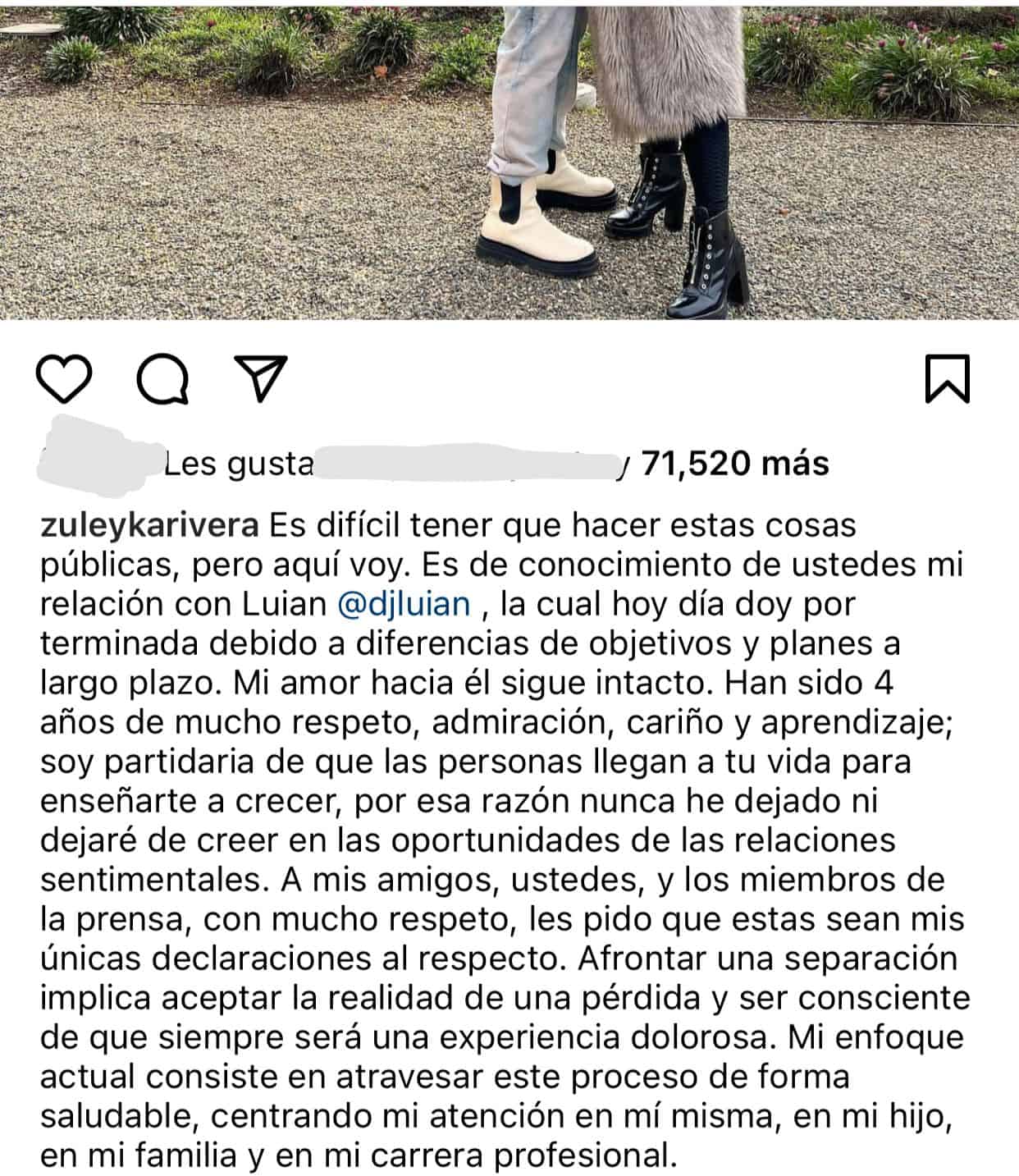 El comunicado publicado por Zuleyka Rivera.