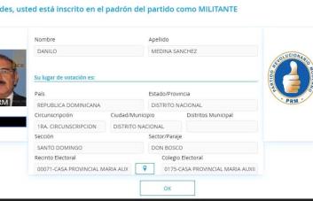 Danilo Medina aparecía como inscrito en el padrón electoral del PRM