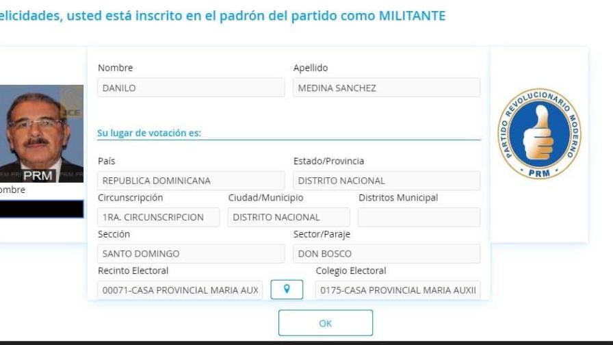 Danilo Medina aparecía como inscrito en el padrón electoral del PRM