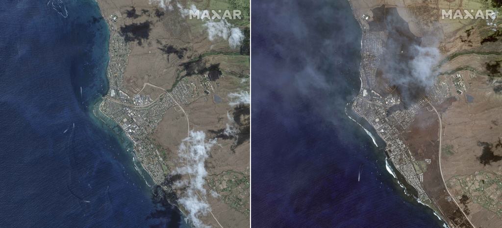 Esta combinación de imágenes provistas por Maxar Technologies muestra una vista aérea de Lahaina, en Maui, Hawai, el 25 de junio de 2023 a la izquierda, y la misma zona el 9 de agosto, tras un incendio en la isla hawaiana.