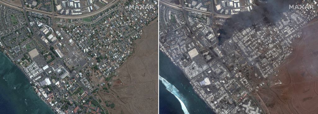 Esta combinación de imágenes satelitales suministradas por Maxar Technologies muestran una vista aérea de Lahaina Square, en Maui, Hawai, el 25 de junio de 2023 a la izquierda, y la misma zona el 9 de agosto, luego de incendio en el centro de la isla hawaiana. 