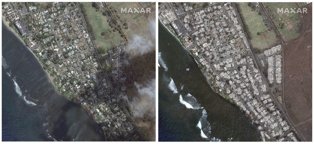 Esta combinación de imágenes satelitales suministradas por Maxar Technologies muestra una vista aérea del sur de Lahaina, en Maui, Hawai, el 25 de junio de 2023 a la izquierda, y otra de la misma zona el miércoles 9 de agosto, después de un incendio forestal en la isla.