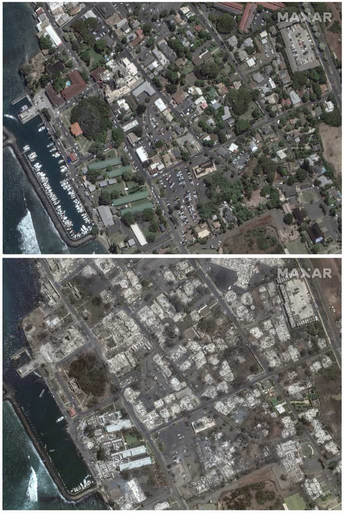 Esta combinación de imágenes suministradas por Maxar Technologies muestra una vista aérea de Banyan Court, en Lahaina, Maui, el 25 de junio de 2023 arriba, y otra de la misma zona el miércoles 9 de agosto tras el paso de un incendio forestal en la isla hawaiana.