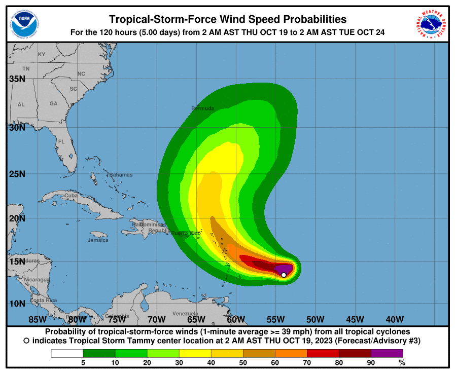 Probabilidad de vientos de la tormenta tropical Tammy.