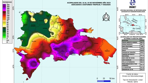 ¿En cuáles sectores de RD se registraron los mayores acumulados de agua por disturbio tropical?