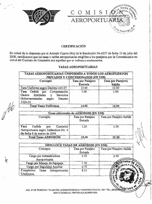 Documento oficial de la Comisión Aeroportuaria emitido el 10 de julio del 2008.