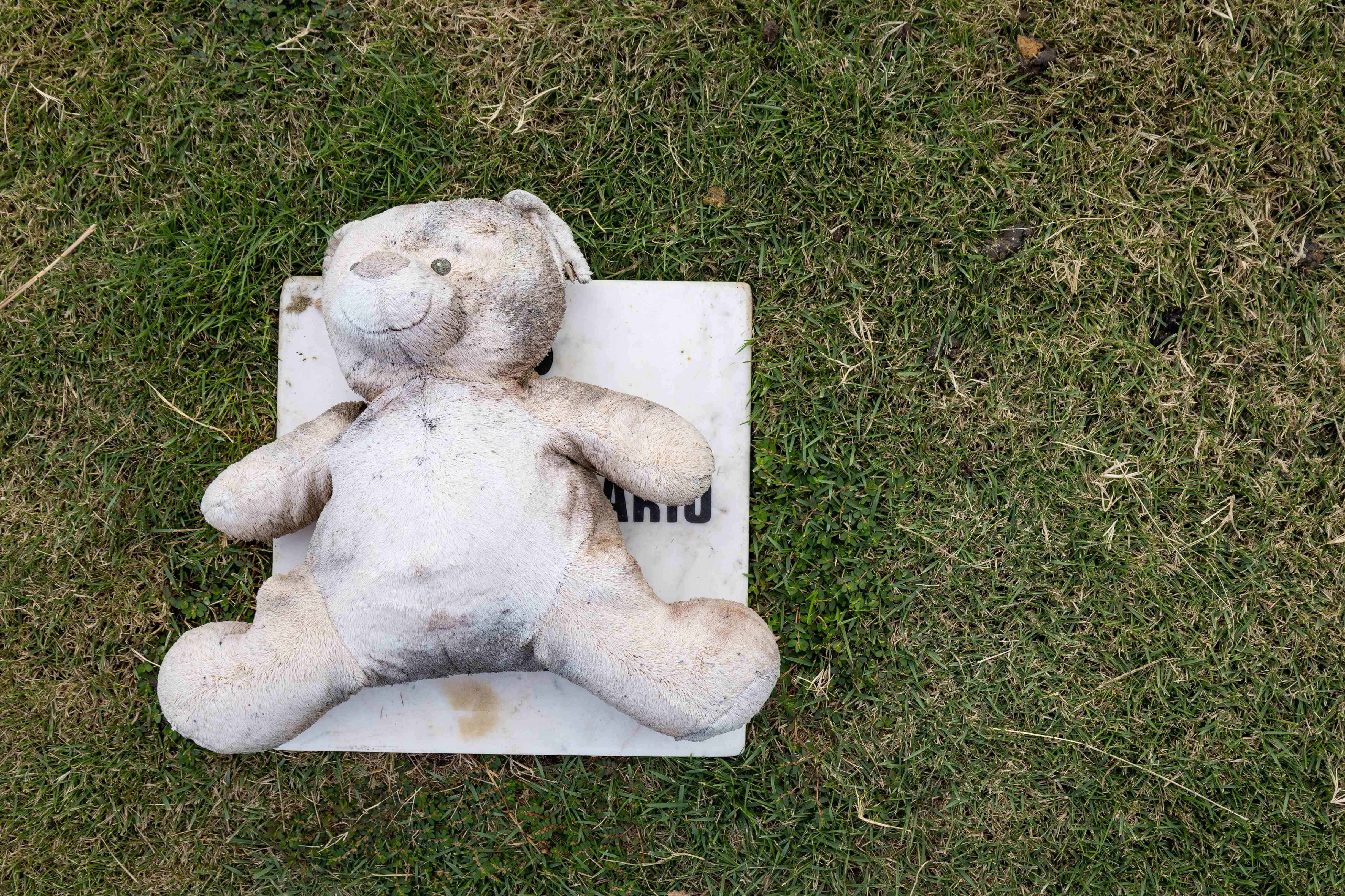Un muñeco de peluche adorna una de las tumbas de animales en el Pet Cemetery de Parque del Prado.