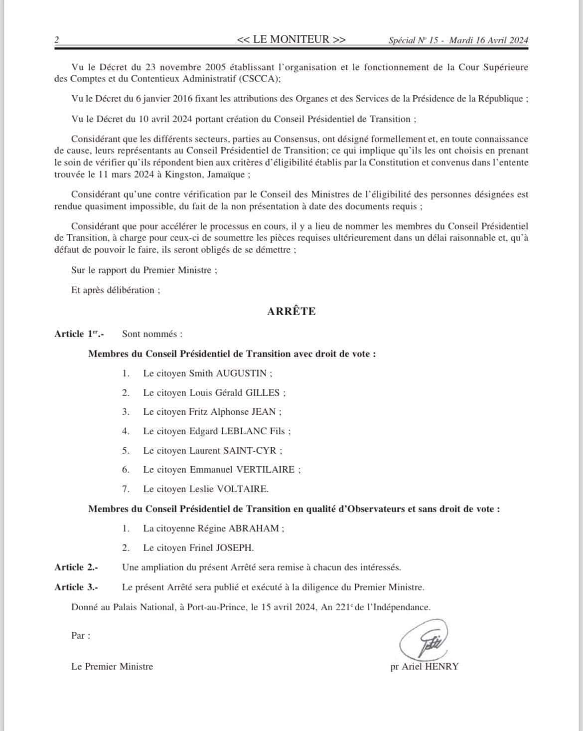 Decreto que establece el Consejo Presidencial de Haití.