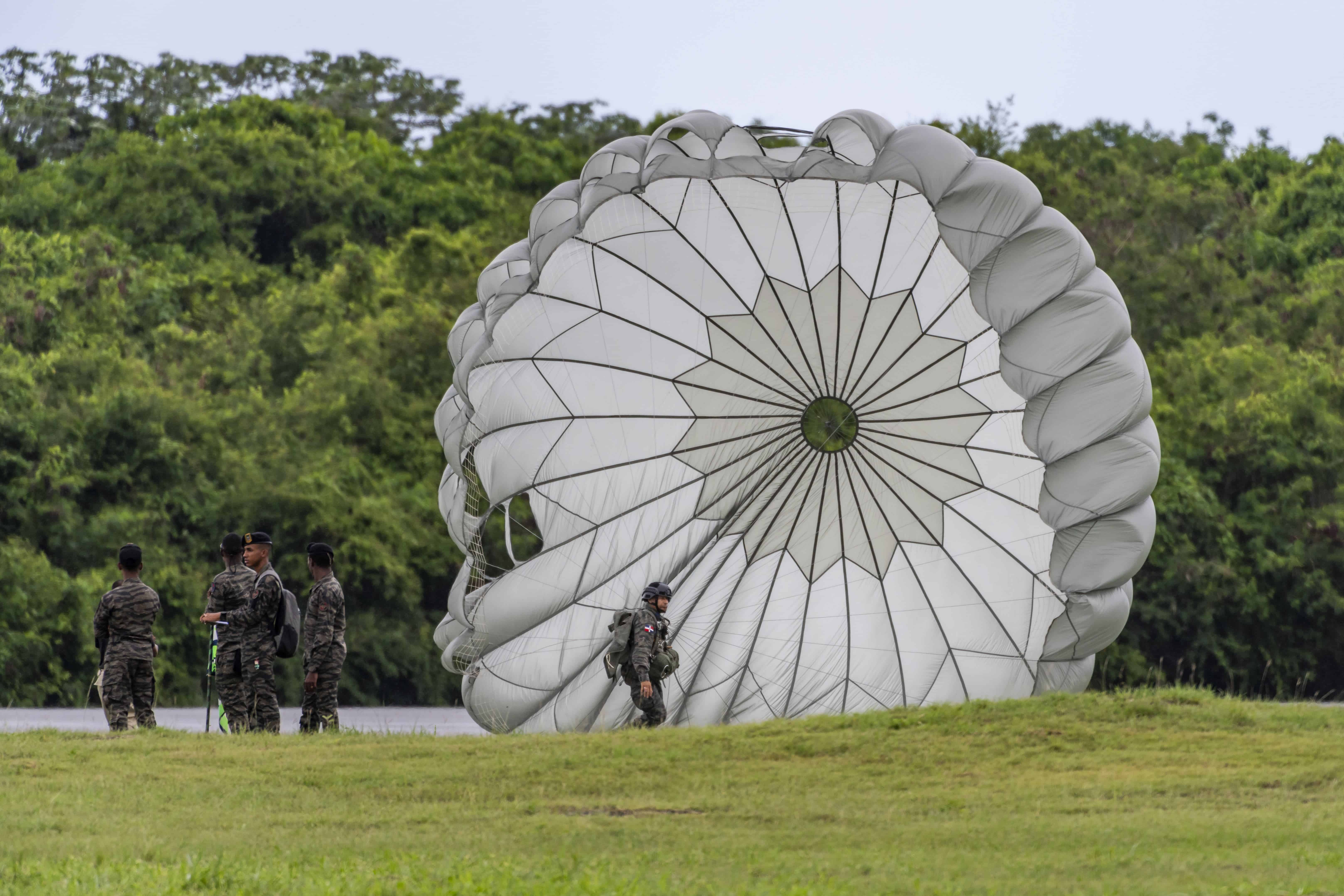 Algunos de los paracaidistas de la fuerza aérea haciendo gala de sus habilidades y valentía en el descenso.