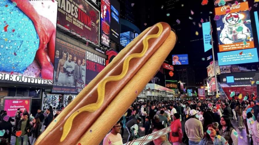 Un perrito caliente de 20 metros desafía el capitalismo de Estados Unidos en Times Square