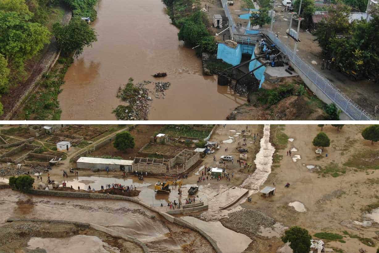 Las imágenes muestran el canal dominicano intacto ante la crecida del río Dajabón y el canal haitiano desbordado tras las lluvias de este lunes 6 de mayo de 2024.