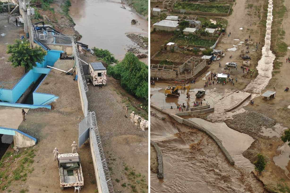 Las imágenes muestran el canal dominicano intacto ante la crecida del río Dajabón y el canal haitiano desbordado tras las lluvias de este lunes 6 de mayo de 2024.