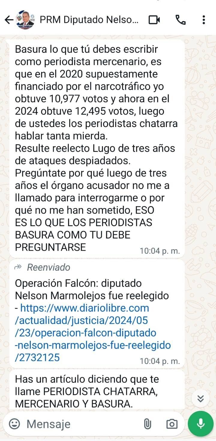 Captura de pantalla del mensaje del diputado al periodista.