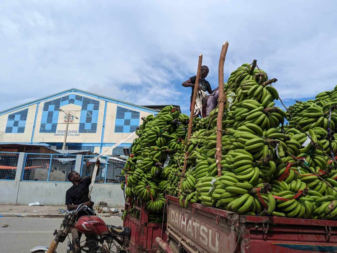 Un camión cargado de guineos verdes en la entreda del mercado de Dajabón.