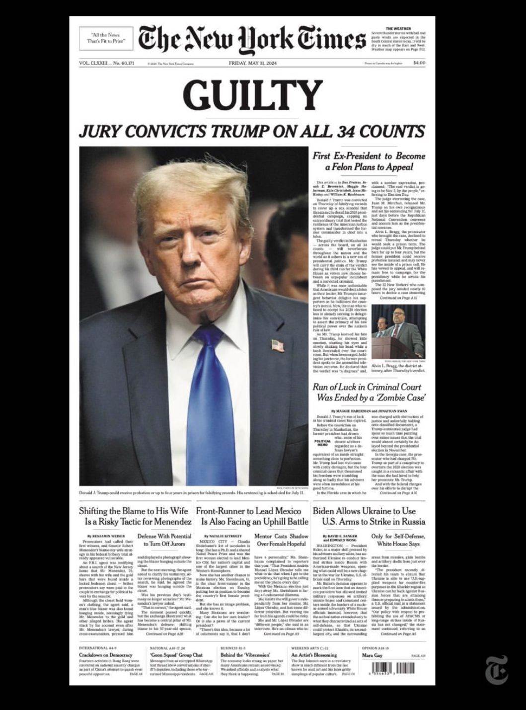 Portada de El New York Times para el viernes 31 de mayo. 