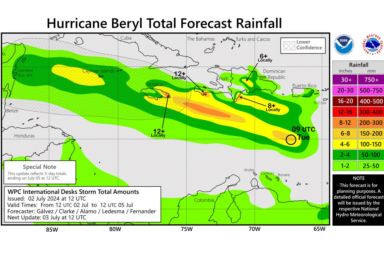 Lluvias de hasta ocho pulgadas se prevén en Península de Barahona por huracán Beryl