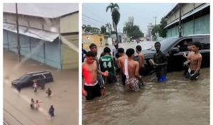 El vehículo del exponente urbano Shelow Shaq varado en una calle llena de agua por la vaguada