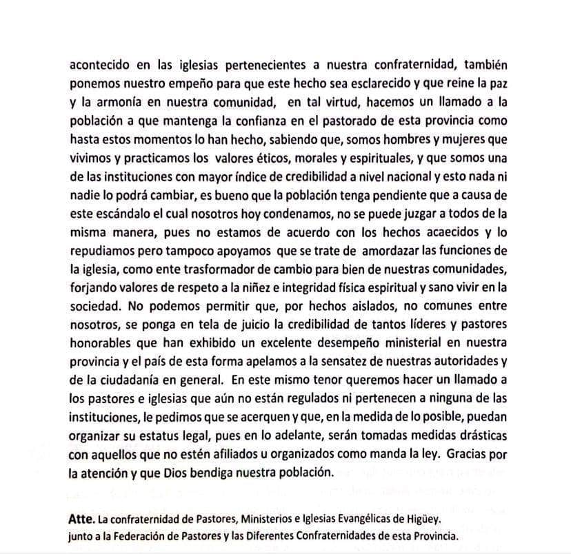 Comunicado de la Confraternidad de Pastores de Higüey.