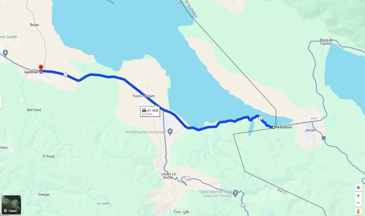 Imagen de Google Maps que muestra la distancia por carretera entre Ganthier (pimer punto marcado a la izquiera) y Malpasse en la frontera (el punto marcado a la derecha).