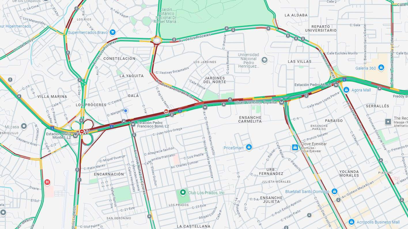 Mapa de Google que muestra la congestión en las vías de la capital. 